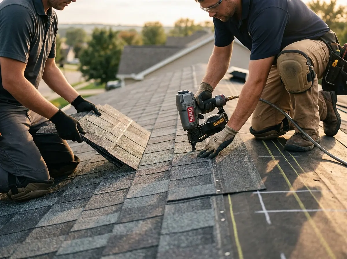 Professional roofer working on a residential roof in Fishers